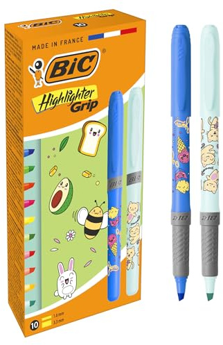 BIC Highlighter Grip Décors Surligneurs Série Kawaii Pointe Biseautée - Assortiment de Couleurs Fluo, Pack de 10