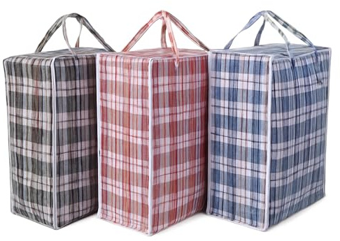 Super Jumbo Storage Bags 80x70x30cm Pack of 3 Extra Large Zipped Woven Moving House Bags Heavy Duty Laundry Shopping Reusable Polypropylene Tartan