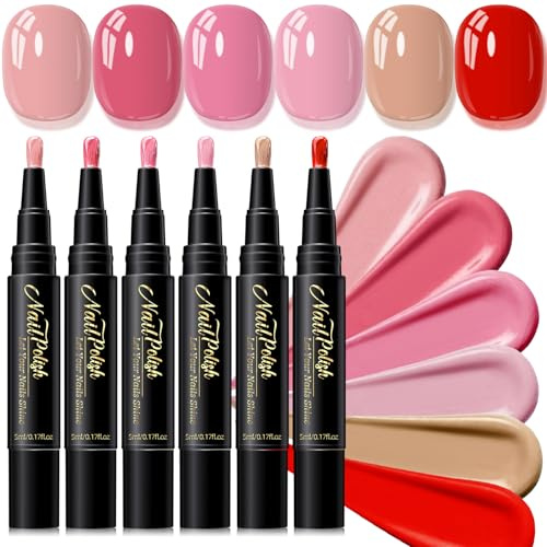 6PCS Nagellack Schnelltrocknend - Rot Rosa Nagellackstift Schnelltrocknend Wasserbasis, Nail Arts Pen Ohne UV Lampe