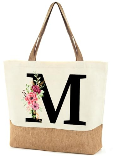 Personalizada Bolsa Tote con Inicial, Bolso de Playa Grande Lona y Yute 44x40x12cm, Mujer Tote Bag con Letra M y Flores, Regalo para Mujer Amigas Mamá Cumpleaños Día de la Madre Boda Damas de Honor
