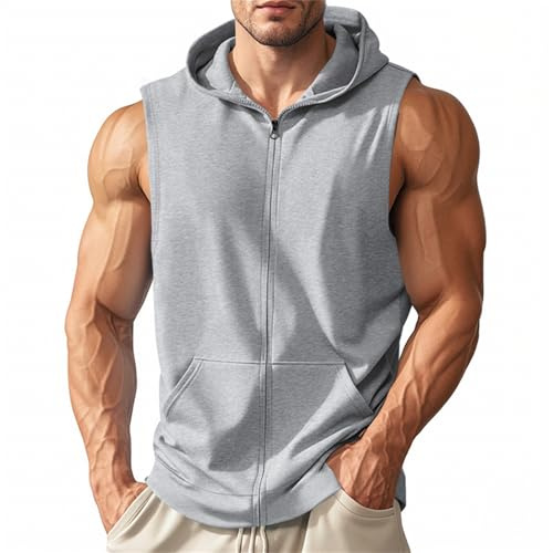 T-shirt sans manches pour homme - Sport - Loisirs - Sweat à capuche avec fermeture éclair - Sweat à capuche sans manches - Gilet d'entraînement - Débardeur