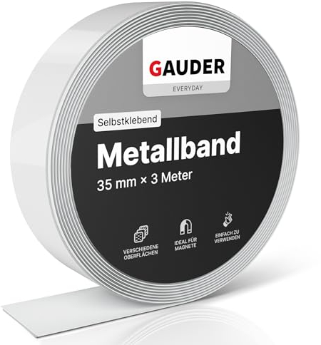 GAUDER Metallband selbstklebend - Ideal für Tonie®-Figuren & -Regale - Magnetband für Magnete - Ferroband mit Schaumstoff-Kleber - Stahlband und Eisenband (3 m x 35 mm)