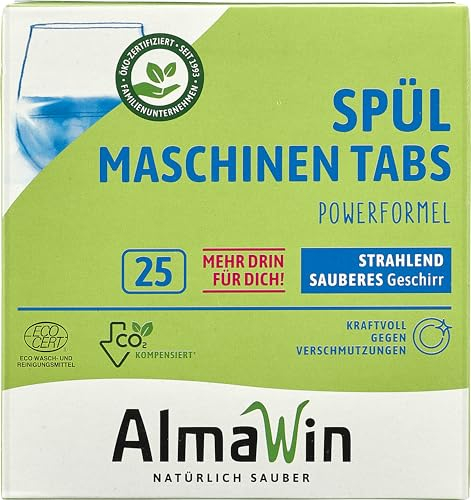 AlmaWin® Spülmaschinentabs [2x 25 Stück] mit Powerformel für strahlend sauberes Geschirr - Öko Spülmaschinentabs für leichte Dosierung - Kraftvolle Geschirrspültabs - Ohne Phosphat, Bio & VEGAN