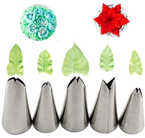 Leaf Shape Russian Piping Tips Set, Xfaiz 5PCS Stainless Steel Cake Cupcake Decorating Supplies Kit Flower Frosting Tips DIY Icing Piping Tips for Cake Decorating