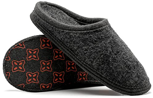 LE KAPMOZ Men's Winter Warm Boiled Wool House Slippers Breathable Winter Warm Slip on Mules Indoor/Outdoor Slipper for Women Dark Gray Felt Sole 42