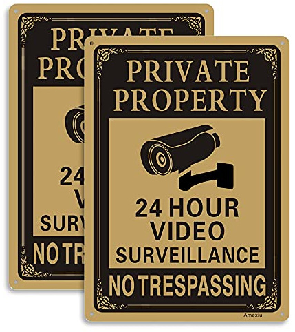 Amexiu Private Property No Trespassing 24 Hours CCTV Camera Video Surveillance Warning Sign | 10 x 7 Rust Free Aluminum Easy Mounting Fade Resistance, 2 Pack