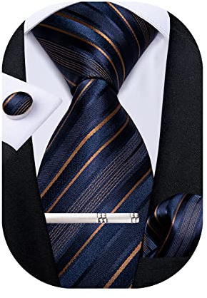 DiBanGu Herrenkrawatte, einfarbig, Seide, gewebt, gestreift, kariert, Krawatte, Taschentuch, Manschettenknöpfe, Krawattenklammer, Set, formell, Business, Hochzeit, Blau-goldene Streifen, M