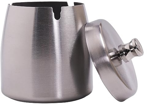Small Ashtray with Lid for Cigarette, Stainless Steel Smokeless Odorless Windproof Ashtrays for Home Office Tabletop Outside Patio Outdoor Balcony(2.99x2.68x2.95)