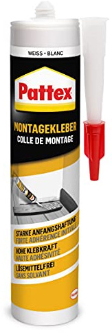 Pattex Montagekleber, 2-fach starker Baukleber für poröse und saugende Materialien, für Innenanwendungen geeignet, Klebstoff mit starker Anfangshaftung, Weiß, 1x400g Kartusche