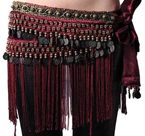 LITOSM Frauen Bauchtanzgürtel Quaste Tribal Kupfer Münze Tanzen Kostüm Tücher Fringe Taille Kette Bauchtanz Zubehör Bauchtanz Kostüm Damen (Rot, One Size)