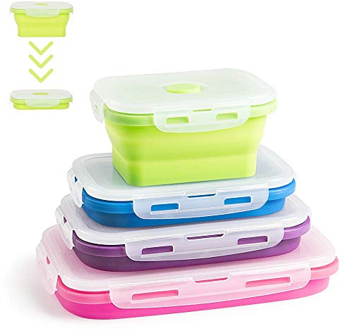 Virklyee 4 PCS contenitori per Alimenti Pranzo in Silicone Pieghevole Lunch Bento Box (Colore o2)