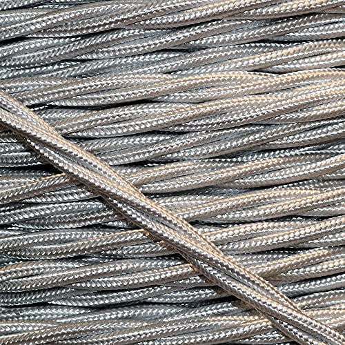 Art Deco Emporium CUT-2-ORDER Length Vintage Styled British Silver Coloured Cloth Covered Braided Twist Flex - Electric Cable 3 Core; Electrical Wire 6Amp; Lighting Lead 0.75mm