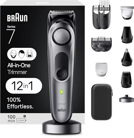 Braun All-in-One Men's Shaving Kit Series 7 7440, 12-in-1 Beard, Face, Nose, Ear Trimmer, Hair Clippers, Body Groomer and Manscaping + Travel Case + Charging Stand