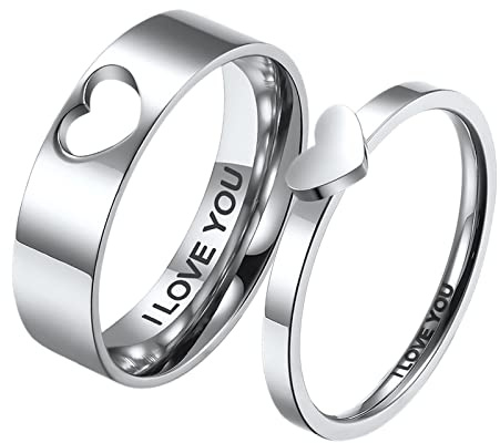 JewelryWe Schmuck Paar Ringe Edelstahl Herz I Love You Partnerringe Freundschaftsringe Verlobungsringe Eheringe Trauringe Pärchen Band Gravur Silber