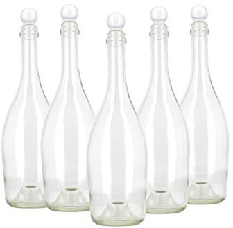 Swan Set 5 Bottiglie in Vetro Trasparente 750 ml per acqua a collo lungo con tappo a pressione a forma di perla