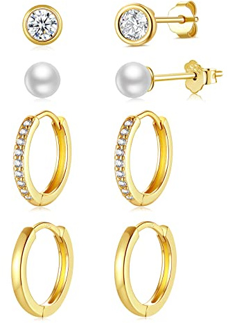 4 Paar Ohrstecker Creolen Silber 925 Klein für Damen, AAA+ Zirkonia Ohrstecker Ohrringe Gold Set, Knorpel Huggie Ohrringe für Mädchen Frauen