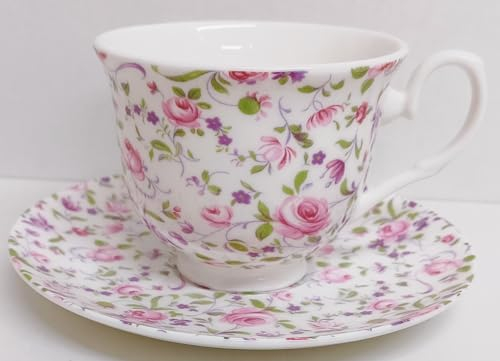 Royal Chelsea Tasse à thé et soucoupe en porcelaine anglaise Motif floral Rose et violet