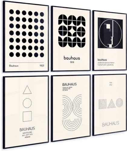6x Bauhaus Poster Set A4 by PosterPost | Minimalistische Bauhaus Bilder, geometrische Kunstdrucke & moderne Wandbilder | Schwarz Weiß Poster für Wohnzimmer, Schlafzimmer, Büro & Flur | Ohne Rahmen