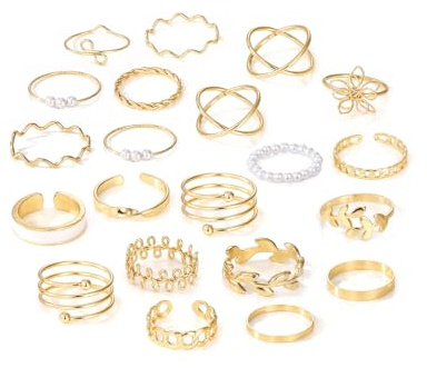 GIGB PBDK Gold Knuckle Rings Set for Women Boho Cross Eye Leaf Hug Stackable Rings Vintage Pearl Sun Moon Star Joint Finger Rings Aesthetic Statement Rings Dainty Jewelry Gifts (21Pcs)