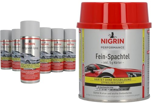 NIGRIN Haftgrund, 6 x 400 ml Sprühdose, für die Grundierung von Oberflächen vor dem Lackieren, grau & Performance Fein-Spachtel, härtet ohne Rissbildung, glättet Kratzer und Unebenheiten