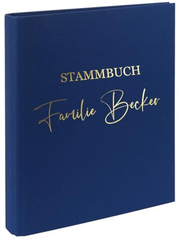 AWASG Dokumentenmappe Stammbuch - Personalisiert mit Namen - Ringbuch Ordner für die Familie - Familienordner Leinen zum Einsortieren von Unterlagen (navy)