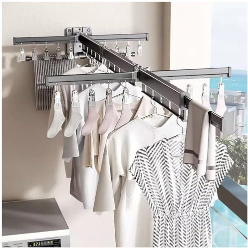 Hggzeg Clothes Drying Rack Wall Mounted, Retractable Garment Rack with Hooks, 360° Rotating Tri-Collapsible Laundry Clothes Drying Rack for Balcony, Laundry, Bathroom (Gunmetal grey)