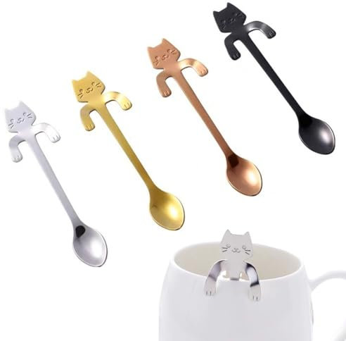 SULIUDAJI 4 Pezzi Cucchiaino da Tè per Gatti, in Acciaio Inox, da Appendere, Cucchiaini da Caffè, Cucchiaino da Caffè Gatto in Acciaio Inossidabile, Cucchiaini da Zucchero, Cucchiaio da Dessert