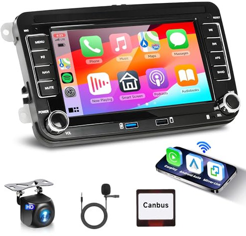 2G+64G Android Autoradio pour VW Golf 5 6 Passat Polo Tiguan Touran Caddy Skoda Seat 7 Pouces Autoradio 2 Din sans Fil Carplay Android Auto GPS Navi WiFi Bluetooth FM/RDS Caméra de Recul