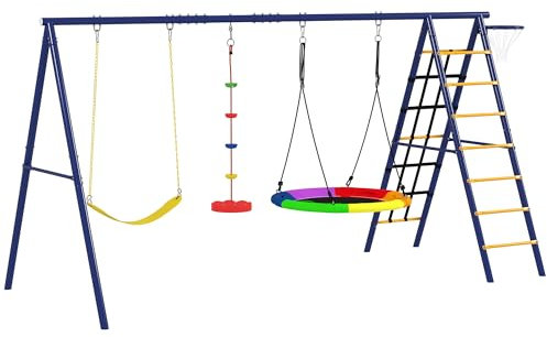 AIYAPLAY Columpios para Niños de +3 Años 6 en 1 Columpios Jardín Exterior con Columpio Nido Cuerda con Disco Red para Escalar Escalera y Aro de Baloncesto Multicolor