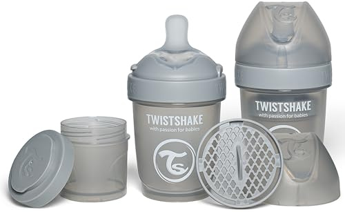 Twistshake 2x Pro Double Anti-Kolik Babyflasche mit Milchpulverbehälter und Mixer - 180 ml | Langsam Fließende, Brustähnliche Brustwarze aus Silikon | BPA-freie | Geeignet für Neugeborene (0+) | Grau