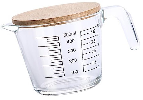 KOCKSHION Tazas Medidoras De Vidrio 500 Ml Resistentes Al Calor Con Escala Graduada y Tapa De Madera Para Hornear y Medir Ingredientes Cocina Doméstica
