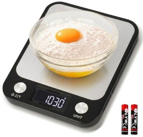 1g/10kg digitale Küchenwaage mit Touch-Taste und 17,5x15cm große Plattform | elektronische Lebensmittelwaage mit 7 Einheiten und Tara-Funktion, Food Kitchen Scale mit Batterien für Pulver, Obst, Gemüse