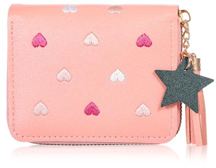 Larrel Women Wallet with Zipper, Pink Girls Wallet, Cute Wallets with Heart-Embroidery and Star Tassels Pendant, Small Leather Wallets for Coins, ID Card, Credit Cards and Bank Cards