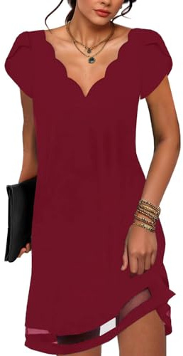 ABYOVRT Vestidos Mujer Verano Manga Corta Cuello en V Casual Vestido de Playa Elegante Bohemio Floral Túnica Dress,Borgoña,XXL