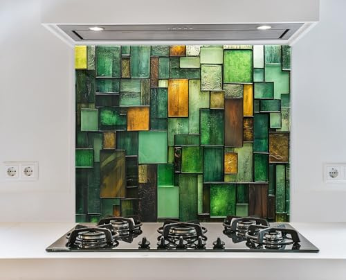 Myphotostation 90x76cm Green and Amber Stained Glass Splashback for stove Tempered Glass Backsplash, Glass Backguards For Kitchen, Stove Wall Protector,Cooker Wall Panel