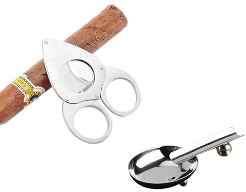 Coupe-Cigare en Acier Inoxydable Classique Avec Deux Lames, Outils de Coupe-Cigares à Guillotine, Les Amateurs de Cigares Ensemble, Gratuit Cendrier en Acier Inoxydable