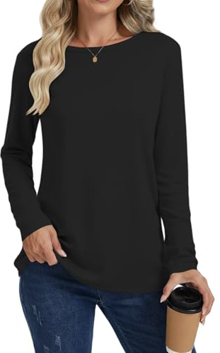 Cuptacc T Shirts for Women UK Long Sleeve Basic Ladies Tops Crew Neck | Thin,Versatile,Plain,Airy,Casual,Comfortable,Elastic,Daily,Home,Office