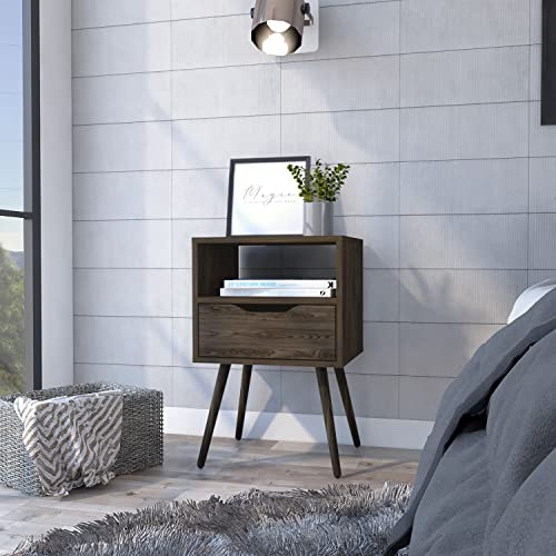 Mesita de Noche Elegante para una Vida organizada, diseño Moderno con Estante Abierto y cajón, Acabado Nogal Oscuro