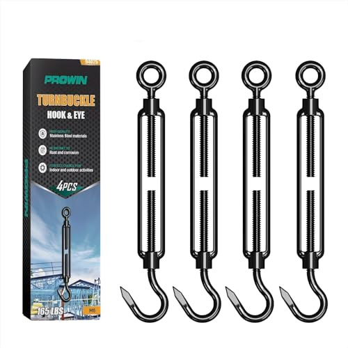 PROWIN 4PCS M6 Hook & Eye Turnbuckle, 304 Stainless Steel, Black Electrophoresis Finish, Adjustable Wire Rope Tensioner for Shade Sail, Clothesline, Chain, and Outdoor Use