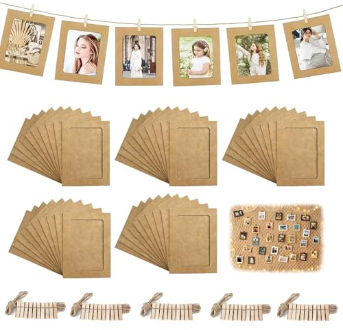 Hexizexi 50 Stück 6 Zoll Papier Bilderrahmen 11.5x15.5cm Braun Fotogirlande | Fotogirlande mit 50 Holzklammern und 5 Rollen Hanfschnur Fototaschen zum Aufhängen für Geburtstage Hochzeiten Wanddekoration