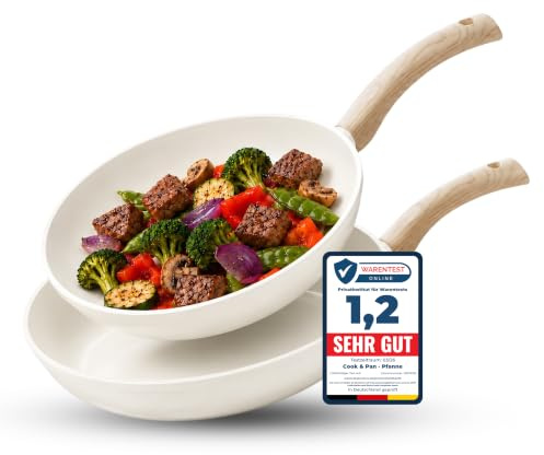 Cook&Pan Pfannenset Induktion - Keramikpfanne mit [Greenshield] Antihaftbeschichtung PFAS & Teflon-frei - Bratpfanne 20,24,28cm, Non Stick Pan [Spühlmaschinenfest] - 2-teilig Creme