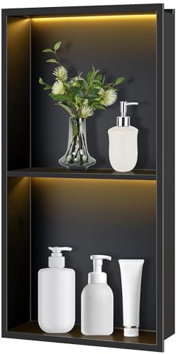 FTL LED Shower Niche Matte Black,30 x 60 cm Stainless Steel Shower Niche with 3000K Non-Dimmable LED light,Double Layer No Tile Needed Lighted Niche for Shower Wall,Wall Insert Lighted Bathroom Niche