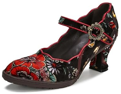 SOCOFY Kvinnor Läder Mary Jane-skor Färgglada Läder Oxfordskor Vintage Läderpumpar Dam Färgglada lappord blockklack Pumpar Mid Kattunge Hälpumps Skor Ankelrem Bröllopsklänning Kväll Festskor, Röd, 37