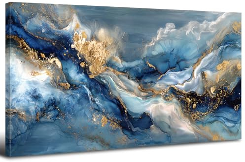 AREBOLO Marineblau Groß Leinwandbild XXL 50x100 cm Abstrakt Blau Ozean Meereswelle Leinwand Bilder für Wohnzimmer Modern Aquarell Kunstdruck Wanddeko Aesthetic Room Decor Luxus Gemälde als Geschenk