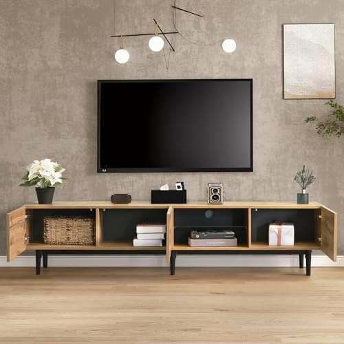 Mueble de TV moderno con grano de madera y 7 luces LED, 175 x 31 x 41 cm, diseño minimalista, espacio de almacenamiento con 3 armarios y puertas batientes, ideal para salón, fácil de montar