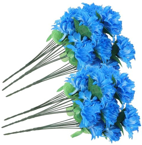 BESPORTBLE 6 Bundles of Blue Artificial Chrysanthemums Grave Flowers with 7 Stems Each, Plastic Cemetery Bouquet for Gravestone Decoration and Outdoor Memorial Use
