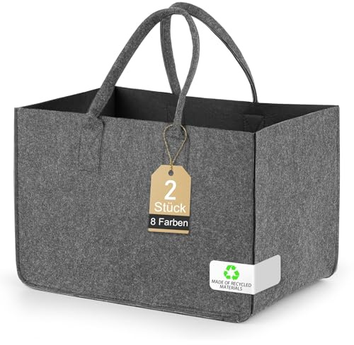 Shoppingkorg/träkorg, shoppingväska med handtag, Korg för ved och eldstad för utomhusresor, picknick, shopping (Grijs - Zwart, 2 stycken)