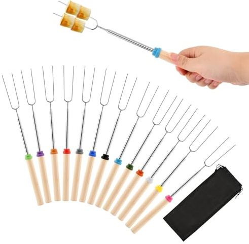 13 Pack Smores Sticks, Roasting Sticks 304 Stainless Steel Fork & Natural Birch Handle, Extendable (31.5-81.5cm), 13 Vibrant Colors, Safe Campfire Smores Sticks for Kids & Adults(Color:as Shown)