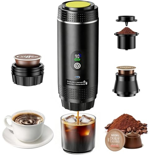 GothicBride 3 in 1 Mini Kaffeemaschine, Tragbare Espressomaschine, Unterwegs Kaffeemaschine mit Kapsel und Gemahlener Kaffee, 5 Min Erhitzen für Auto, Büro Camping Geschenke, Wohnm Gadgets (Schwarz)