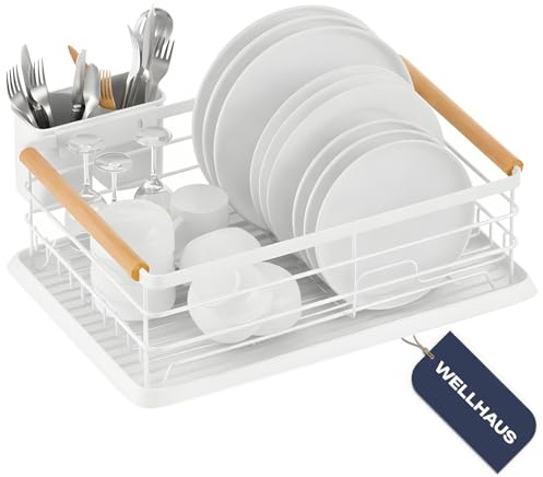 WELLHAUS Abtropfgestell Geschirr – Geschirrabtropfgestell Platzsparender Dish Drying Rack, Geschirrständer Teller Organizer Weiß Edelstahl, Abtropfschale Für Die Küchentheke Mit Besteckhalter